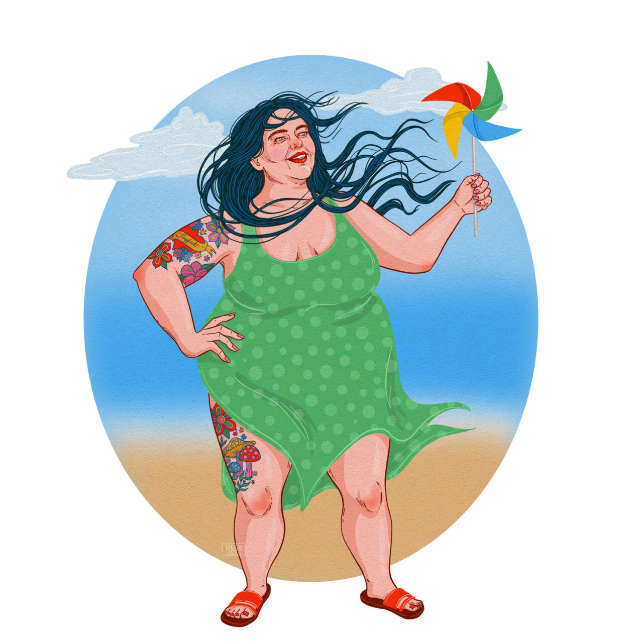 Joyful lady on a windy beach illustration