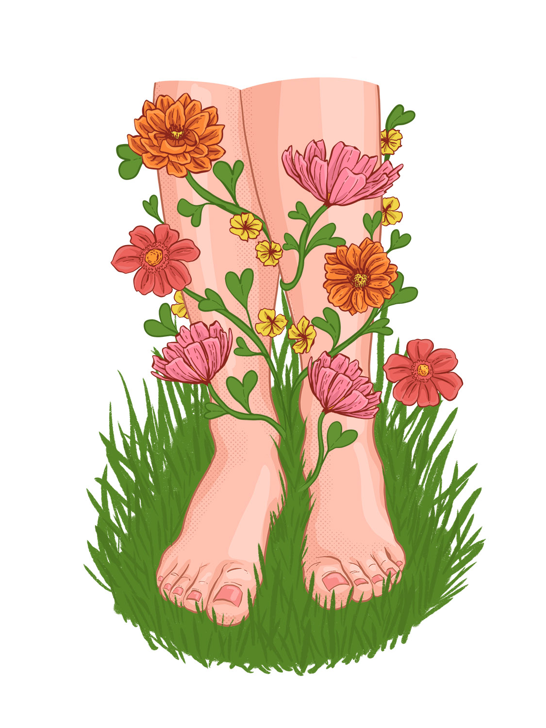 Editorial illustration showing the blooming pleasures and mindfulness of touching grass with your feet