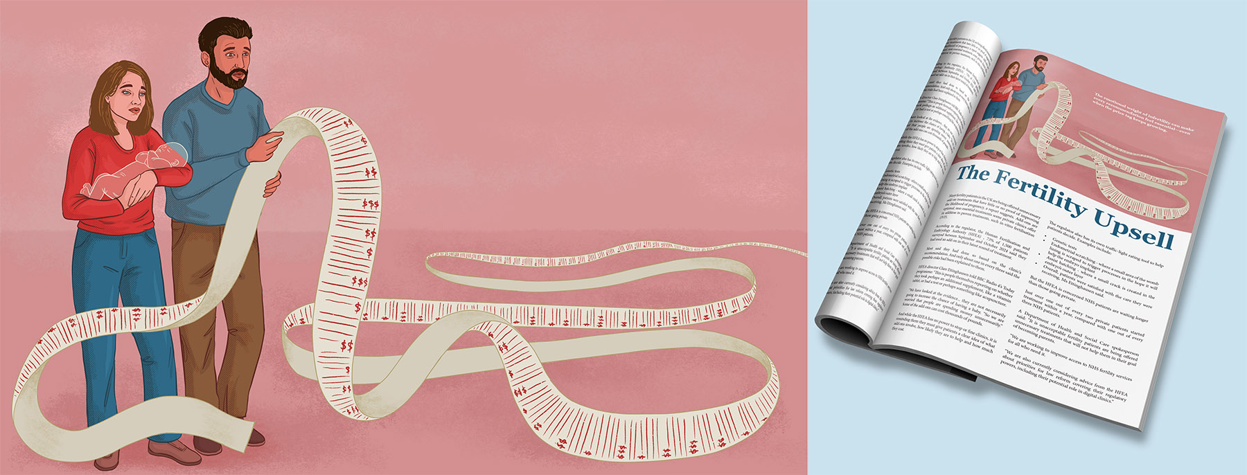A self-directed project on fertility upselling at for-profit clinics. My illustration shows hopeful parents reading through an endless list of specialized tests to treatment add-ons highlighting an overwhelming array of choices.